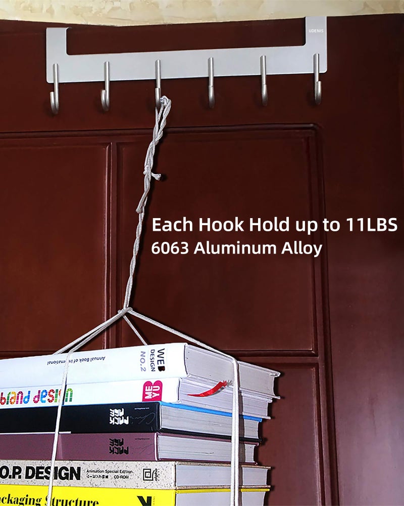 UDENIS Over The Door Hanger, Metal Over The Door Hook Rack with 6 Hook for Hanging Towel Robe Coat Bathroom Bedroom Drying Racks for Laundry Silver - Image 5